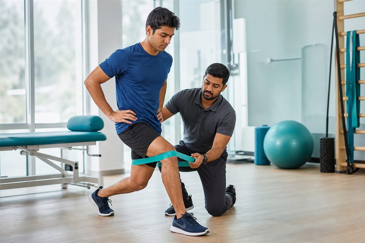 Athlete completing progressive knee rehabilitation with a therapist