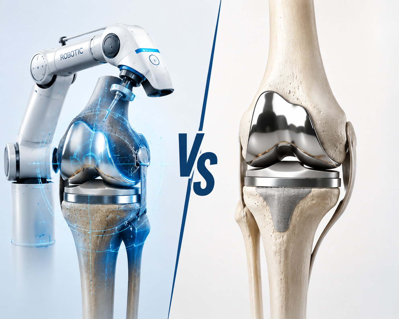 Robotic and conventional total knee replacement illustration